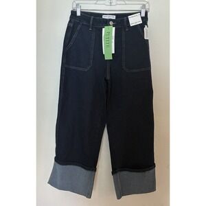 Marc New York High Rise Wide Leg Stretch Denim Jeans Dark Blue Cuffed Hem Pocket